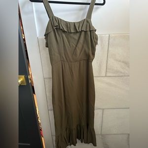Reformation Frida Olive Green Raw Hem Ruffled Crepe Midi Dress US 4